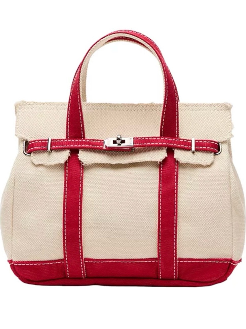 SUNWIN Boatkin Beige Canvas Tote Handbag with Red Trim Birkin Style New